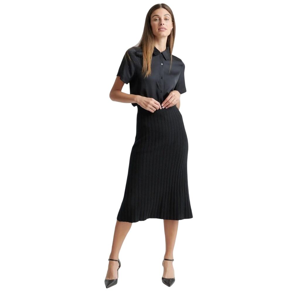 NWOT Quince Women’s Small Mongolian Cashmere Midi Skirt Black Ribbed 5230